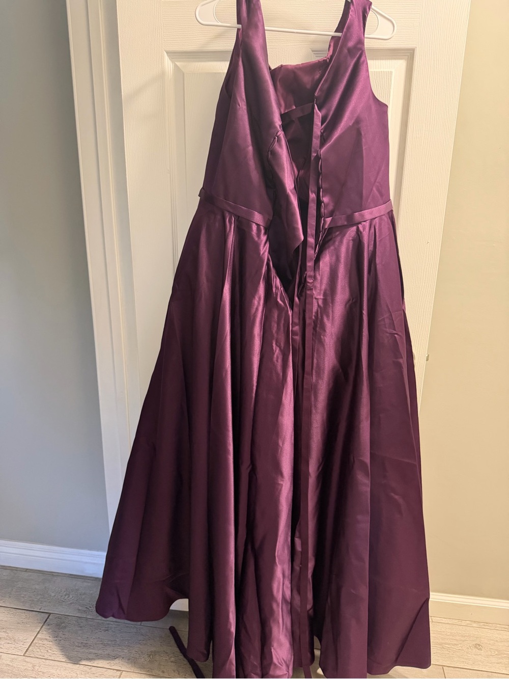 Sleeveless Plum Satin Prom Dress with Draped Skirt - Picture 4 of 5
